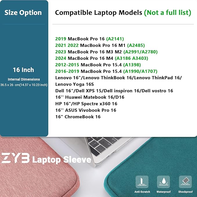 ZYB Laptop Case 16 Inch,16 Inch Laptop Sleeve for 16 Inch Notebook MacBook Pro 16 Lenovo ThinkBook/IdeaPad/ThinkPad HP Dell Acer ASUS etc Waterproof Computer Sleeve with Pocket&Accessory Bag-Pink