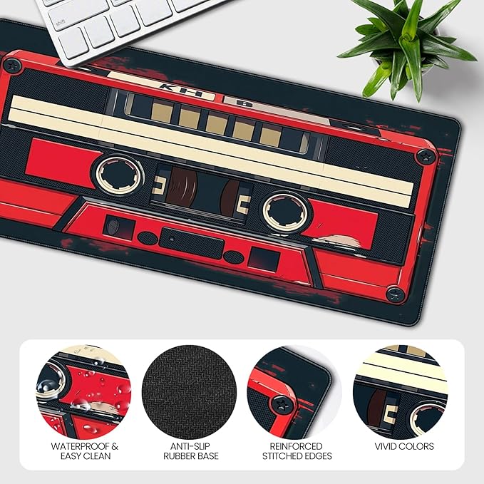 Retro Cassette Tape Design Mouse Pad, 35.4 x 15.7 Inches Gaming Desk Mat with Non-Slip Base for Home Office School Business