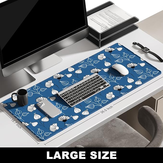 BOSOBO Large Desk Pad - XXL XL Extended Gaming Mouse Pad, Long Keyboard Mat for Office & Home, Desktop Full Cover 35.5 x 15.7 Inches, Minimalist Blue White Flowers