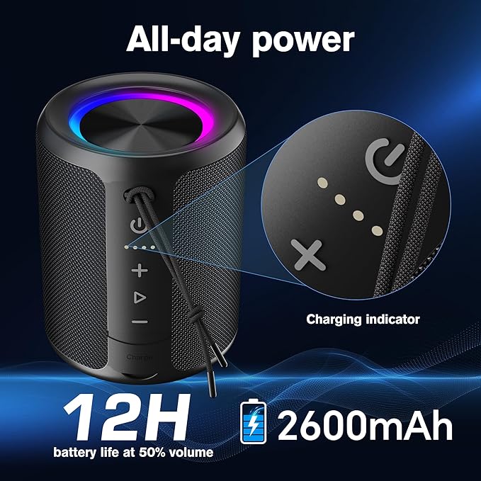 Portable Bluetooth Speaker, IPX7 Waterproof Wireless Speaker with 20W Loud Stereo Sound, 15H Playtime & Beat-Synced RGB Light, Small Outdoor Speaker for Shower, Pool, Beach, Hiking and Gifts