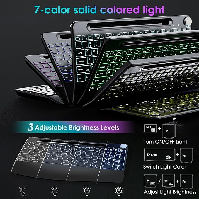 JOMAA 2.4G Wireless Silent Keyboard, Rechargeable,with 7 Colored Backlits &Phone Holder &Wrist Rest,Lighted up Full Size Keyboard for Mac Windows Laptop PC