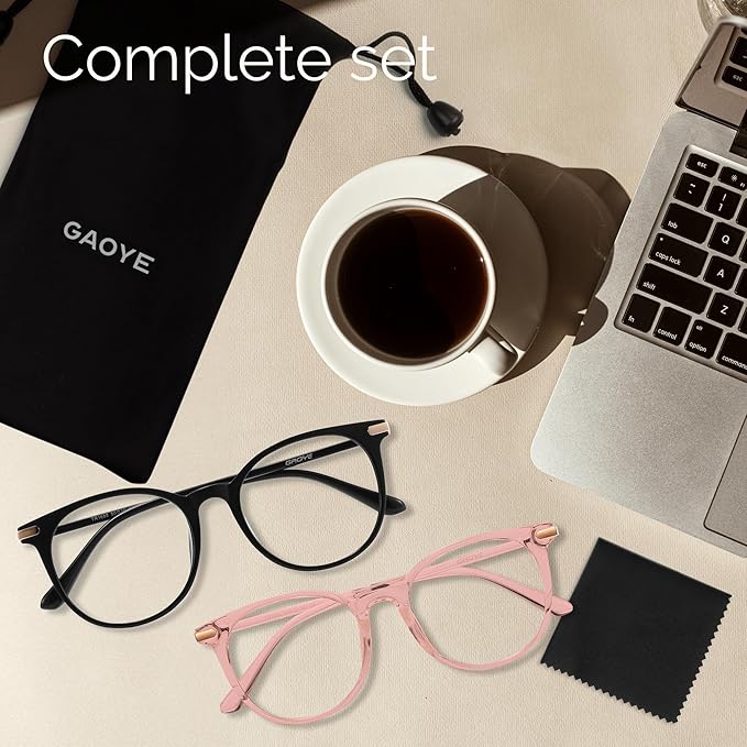 Gaoye 2 Pack Blue Light Blocking Glasses, Retro Round Eyewear Frame Anti Eyestrain Computer Glasses for Women Men - GY1688 (Black+Pink)