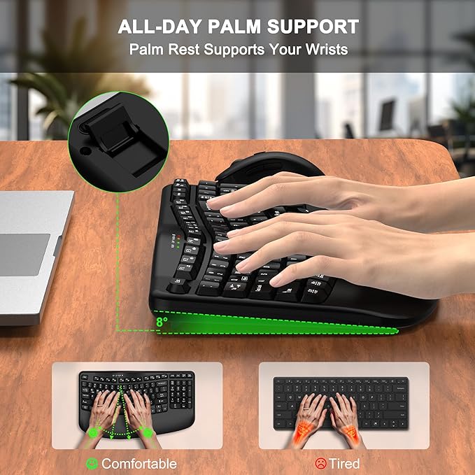 Wireless Keyboard and Mouse Combo, 2.4G Wave Keys Ergonomic Keyboard with Wrist Rest and 3 Level DPI Advanced Wireless Ergonomic Mouse, Natural Typing for Windows, Mac OS Desktop