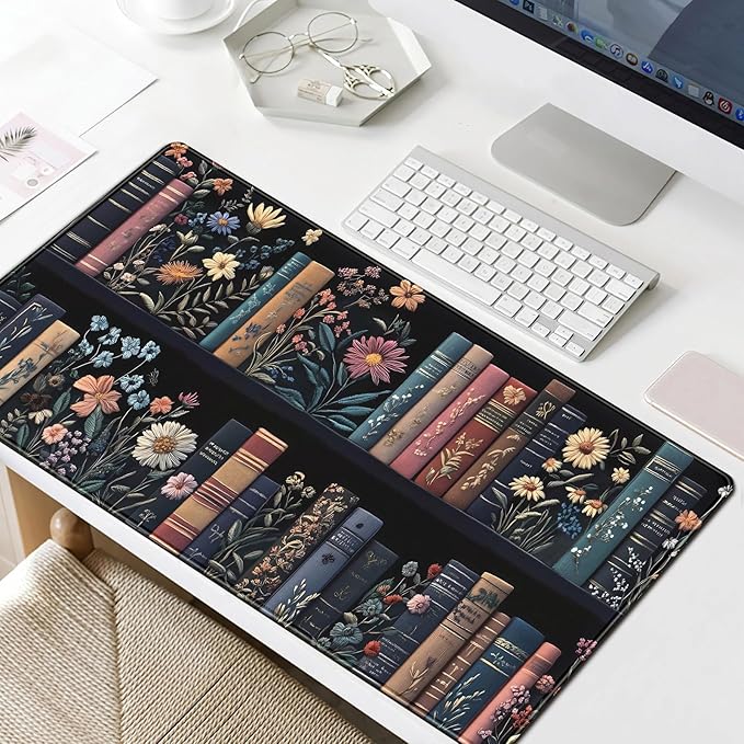 Bookish Desk Mat Floral Bookshelf Desk Pad Faux Embroidery Large Mouse Pad XXL Extended Mousepad Flower Aesthetic Keyboard Pad Mouse Mat 31.5''X15.7''in Book Lovers Gift Office Decor for Women