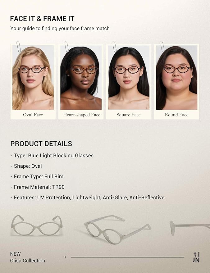 TIJN Olisa Blue Light Blocking Glasses for Women Men,Retro Oval Frame Bluelight Eyeglasses for Gaming/Computer/Screen