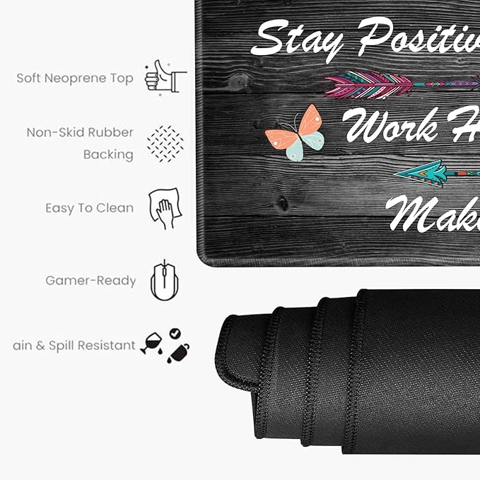 Gaming Mouse Pad Large Mousepad Inspirational Desk Mat Stay Positive Work Hard and Make It Happen Desk Pad 31.5x15.75 Rubber Base Computer Pad with Stitched Edges for Work Game Home Office