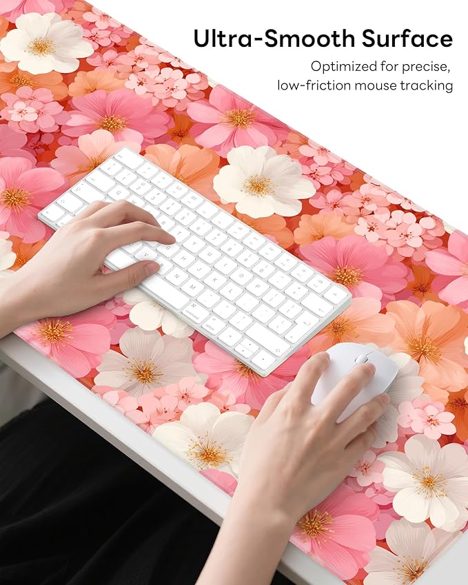 XL Gaming Mouse Pad, 31.5x15.7'' Large Desk Mat with Anti-Slip Rubber Base & Stitched Edges for Gaming, Office, Home - Floral