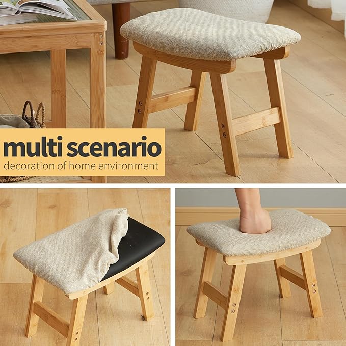 Foot Stool Ottoman Foot Rest Under Desk,Small Stool for Living Room, Bedroom and Kitchen (Natural Legs - Beige Stool Surface)