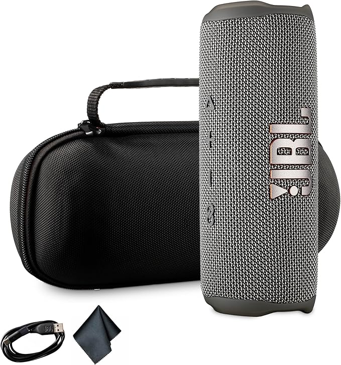 JBL Flip 6 Portable Wireless Speaker | Deep Bass Sound, IP67 Waterproof Rating | Bluetooth Audio for Outdoor, Travel, Beach, Hiking, and Home Use (Gray) with Travel Case + Microfiber Cloth