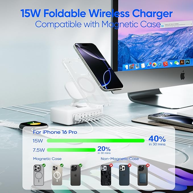 300W USB Charging Station, 11-in-1 USB C Power Strip Surge Protector, 2AC Outlets & 8USB Ports, 5ft Flat Plug Extension Cord with Multiple Devices, Desktop Charger for Home Office Desk