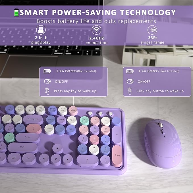 Wireless Keyboard and Mouse, Full-Size Retro Typewriter Keyboard with Round Keycaps, 2.4GHz for Windows, Mac, Laptop, PC, Desktop (Purple Colorful)