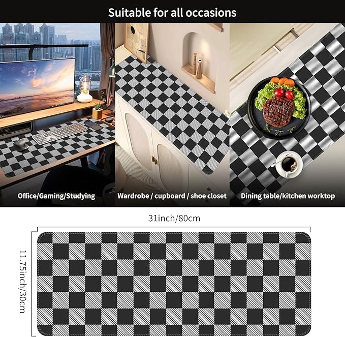 Desk Mat,Big Desk Pad,31.5 x 11.5in Extended Gaming Mouse Pad,Large Mouse Pad for Desk Rubber Base Mousepad with Stitched Edges,Keyboard Mouse Mat for Work Game Office Home - Black Grey Chessboard