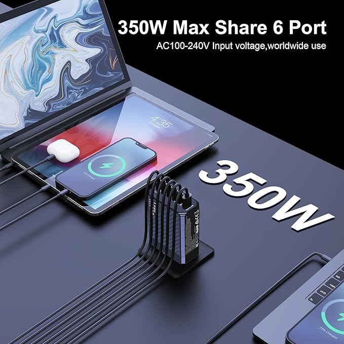 350W USB C Charger, 6-Ports PD3.1 140W Fast Charging Station, GaN Foldable Charger Block for MacBook Pro/Air, iPad, iPhone 17 16 Pro Max, Galaxy S25/S24 Ultra and More