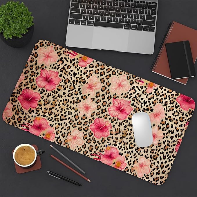Large Mouse Pad, Leopard Floral Desk Mat for Desktop, Women Girls Flowers PU Leather Waterproof Desk Pad, Computer PC Laptop Protector Gaming Mouse Pads for School Office Home 23.6" x 11.8"