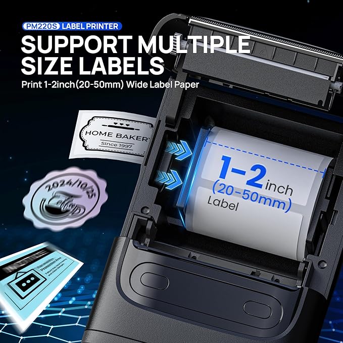 POLONO PM220S Label Maker Machine with Tape, 2 Inch Bluethooth Portable Thermal Label Printer for Small Business, Office, Home, Sticker Printer for Phone and PC, Black