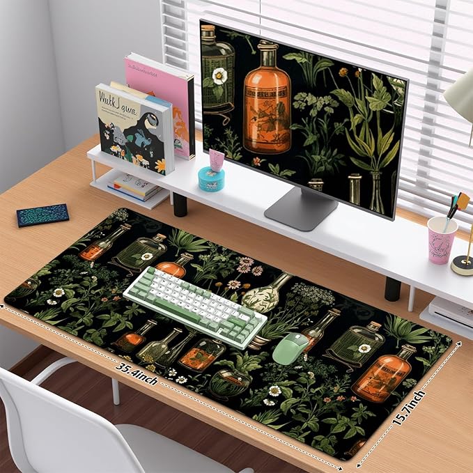 Mystical Green Plants Desk Matt for Desktop, DeskMat Pad, Desk Mat for Keyboard and Mouse, Large Mouse Pad for Desktop, Anti-Slip Stitched Edges Big Mousepad, Mouse Mat for Computer, Botanical Pattern