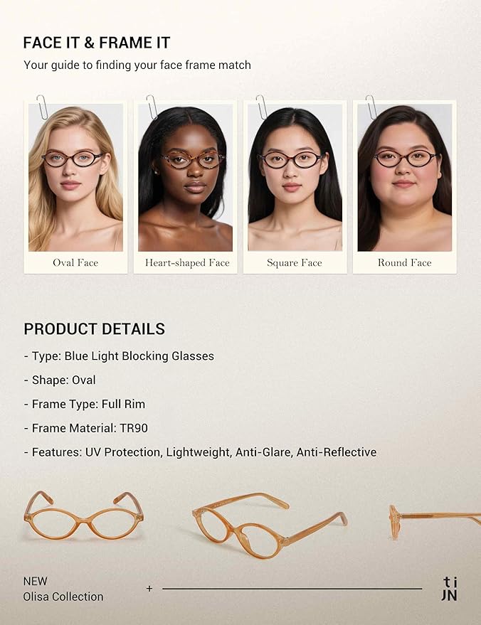 TIJN Olisa Blue Light Blocking Glasses for Women Men,Retro Oval Frame Bluelight Eyeglasses for Gaming/Computer/Screen
