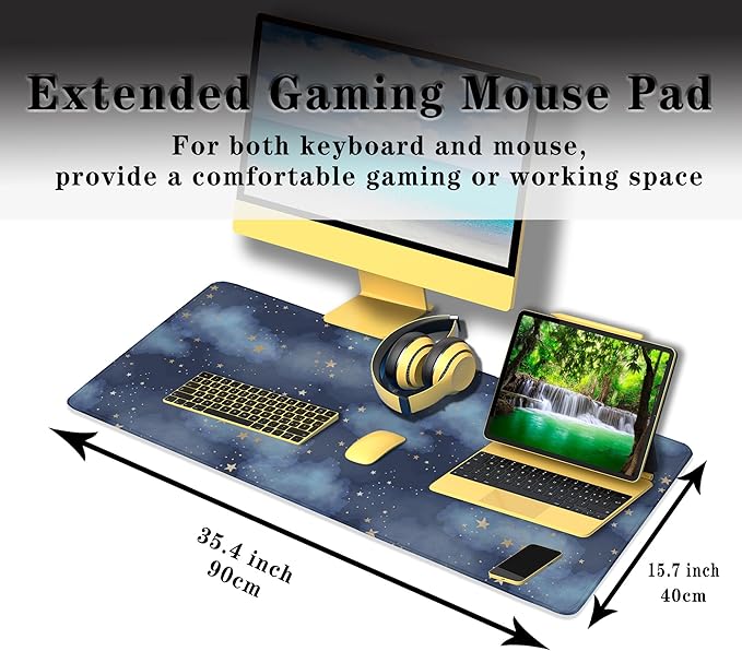 Large Desk Mat Dark Blue, Keyboard Mouse Pads Desktop Mats, Long Gaming Mouse Pad Non-Slip Rubber Base, 35.4 X 15.7 inch for Work/Game/Office/Home Watercolor Night Sky Galaxy Universe Space