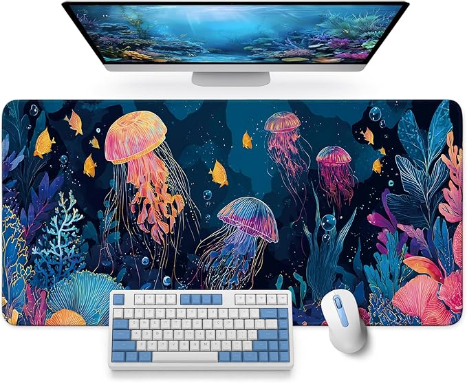Large Mouse Pad for Desktop, Cute Desk Mat Pad Protector for Work & Gaming, Aesthetic Pretty Anti-Slip Laptop Blotter Cover for Office School Home Supplies, Jellyfish, 35.4" x 15.7"