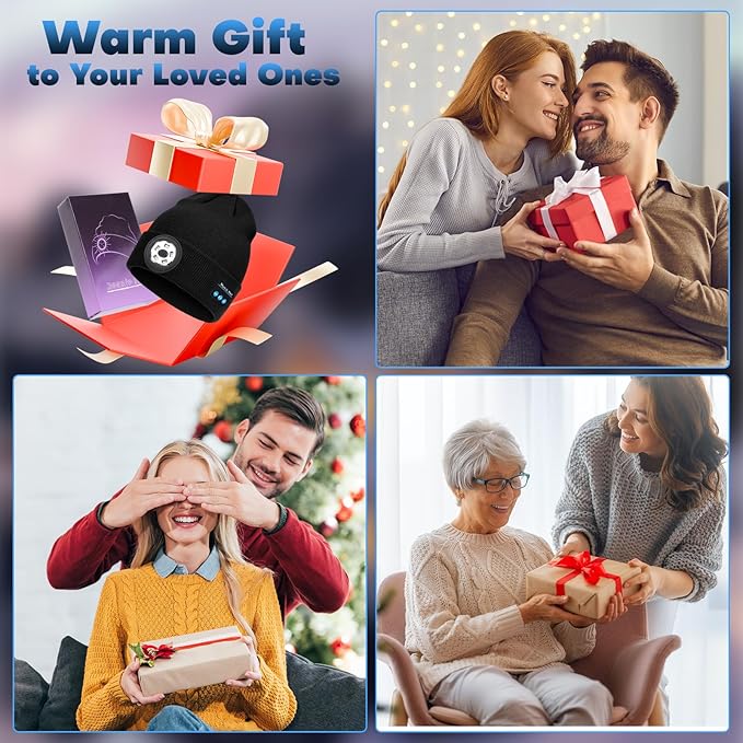 Bluetooth Beanie with Light, USB-C Charging 5 LED Flashlight Hat, Built-in Stereo Speakers Mic, Christmas Stocking Stuffers White Elephant Gifts for Men Dad Teens Boys for Camping Fishing