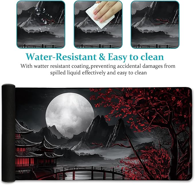 Japanese Mouse Pad Large Gaming Desk Mat, Extended Computer Mousepad with Stitched Edges Non-Slip, XL Keyboard Mouse Pad, Aesthetics Full Moon Home Decor Office Desk Accessories 31.5in