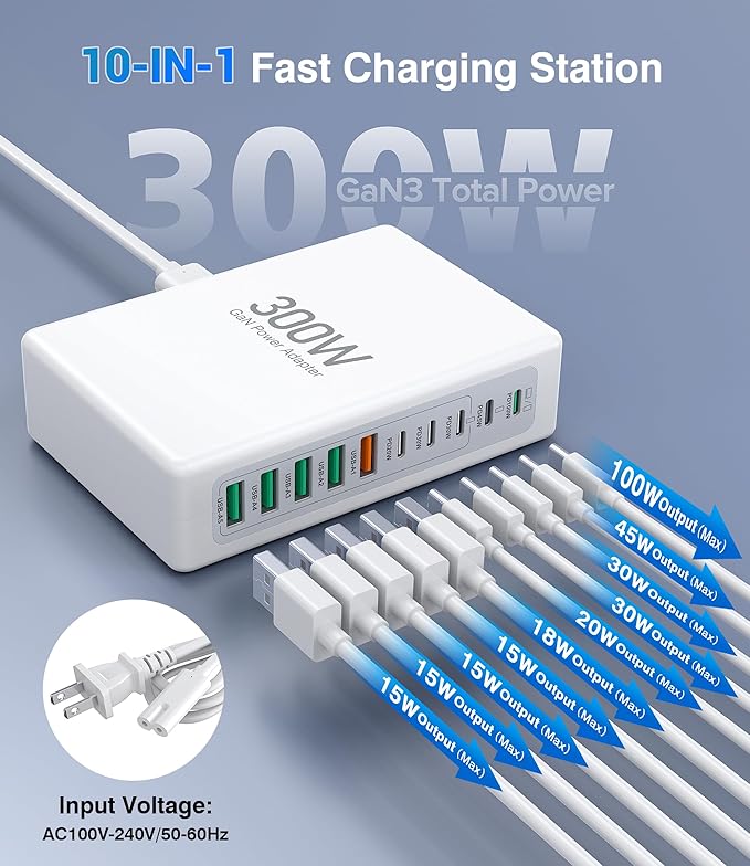 300W USB C Charging Block, 10-Port USB C Charging Station PD 100W Laptop Fast Charger Adapter for MacBook Air/Pro, iPhone17/16/15/14/13 Pro Max, iPad Pro, DELL, Samsung Galaxy
