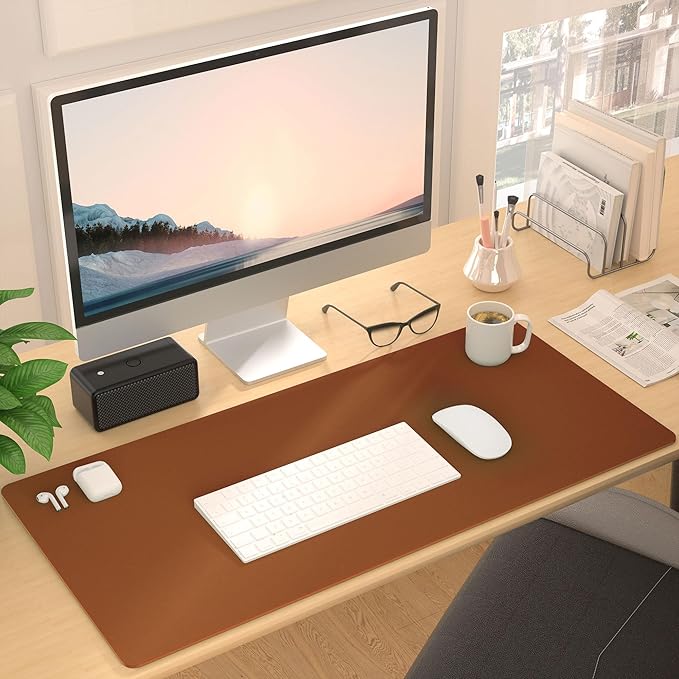 Roslim Leather Desk Pad Protector, Mouse Pad, Non-Slip Computer Mat for Desk, PU Leather Office Desk Mat for Home & Office, Waterproof Laptop Desk Blotter for Keyboard and Mouse, Brown (17''X48'')