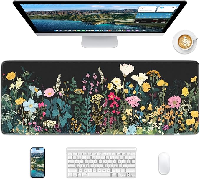 Floral Mouse Pad, 31.5 x 11.8 Large Desk Mat with Stitched Edges & Non-Slip Base, Mousepad for Office, Home, Work, Night Flowers