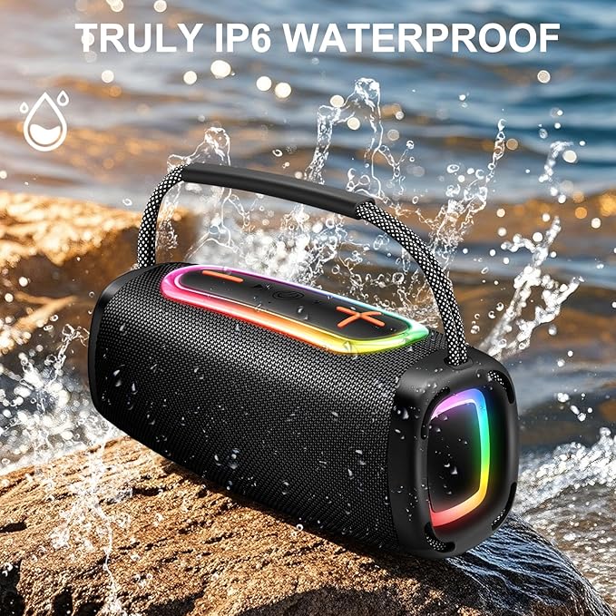 Bluetooth Speaker with Handle, BT5.4 Portable Wireless Speaker with 24W Loud Stereo Sound, IP6 Waterproof, Portable Speaker with RGB Multi-Color Rhythm Lights for Outdoor/Home/Party/Beach as Gift