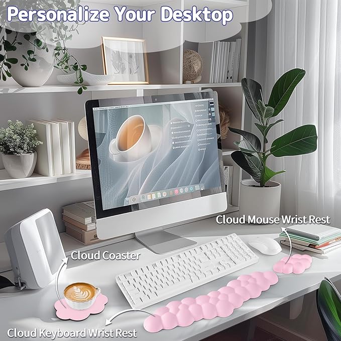 Sushret Cloud Wrist Rest for Keyboard and Mouse, Memory Foam PU Leather Keyboard Wrist Rest with Ergonomic Support, Non-Slip Base, Cute Arm Rest Pad & Palm Cushion, Office Desk Accessory, Pink