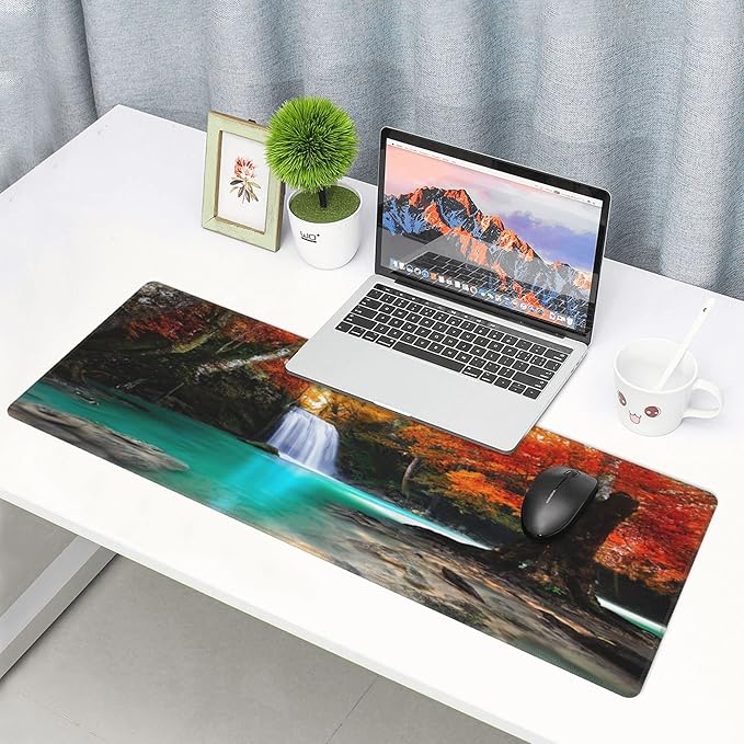 Deep Forest Waterfall Extended Big Mouse Pad Large,XL Gaming Mouse Pad Desk Pad,31.5x11.8inch Long Computer Keyboard Mouse Mat Mousepad with 3mm Non-Slip Base for Home Office Work