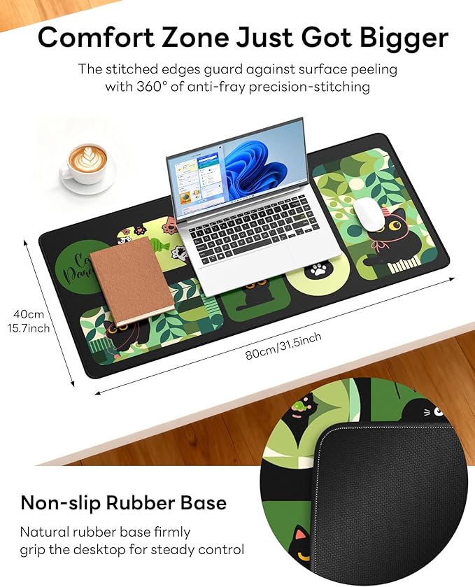 XL Gaming Mouse Pad, 31.5x15.7'' Large Desk Mat with Anti-Slip Rubber Base & Stitched Edges for Gaming, Office, Home - Cute Kitty