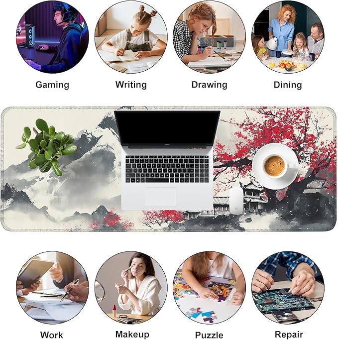 Mouse Pad, Large Anti-Slip with Stitched Edges Desk Mat Desktop Laptop Computer Desk Keyboard Mat,Table Protector Blotter Mat (Plum Blossom, 31.5" x 11.8")
