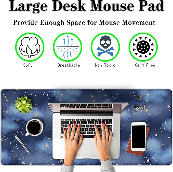 Large Desk Mat Dark Blue, Keyboard Mouse Pads Desktop Mats, Long Gaming Mouse Pad Non-Slip Rubber Base, 35.4 X 15.7 inch for Work/Game/Office/Home Watercolor Night Sky Galaxy Universe Space