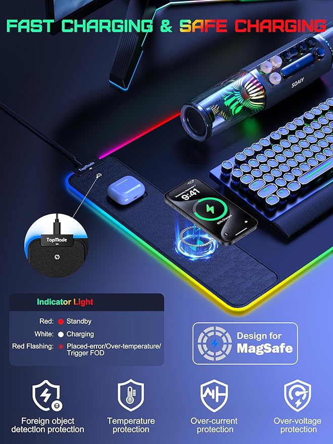TopMade Wireless Charging RGB Mouse Pad, Waterproof Gaming Desk Mat with 4 Light Modes & 11 RGB Colors, 31.5"x15.75" XXL Large Desk Pad(Includes 20W PD Power Adapter & 6.56ft Woven Cable)