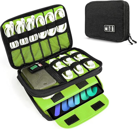 Luxtude Double Layer Cable Organizer Bag, Portable Cord Storage Case, Flat Electronic Organizer Travel Case, Portable Tech Bag for Cable/Cord Storage/iPad (up to 7.9")/Wall Charger/Electronics