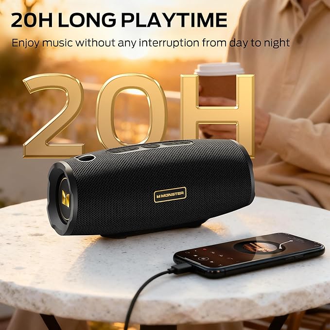 Monster S380 Bluetooth Speaker, Portable Speaker with 40W Stereo Sound, Bluetooth 6.0, 20H Playtime, TWS Pairing, Support AUX/TF Card, IPX6 Waterproof Wireless Speaker for Home, Travel, Outdoor