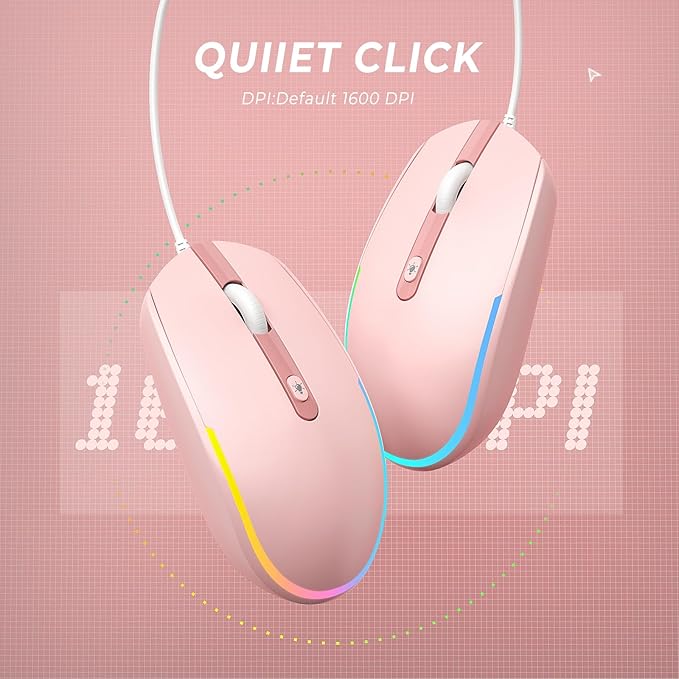 seenda Wired Mouse - USB Computer Mice Wired with RGB Backlit Optical LED Mouse with Attached USB Cord for Laptops Notebooks Chromebook - Pink