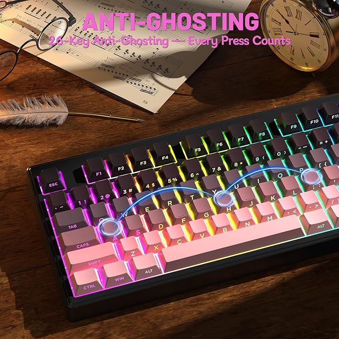 M87V2 Wireless Keyboard, Low Profile Quiet Typing Membrane Gaming Keyboard with 80% TKL Layout Side Printed Keys, RGB Backlit, USB C Rechargeable,87 Keys PBT Keycap for Windows PC,Mac,Linux-Blackberry