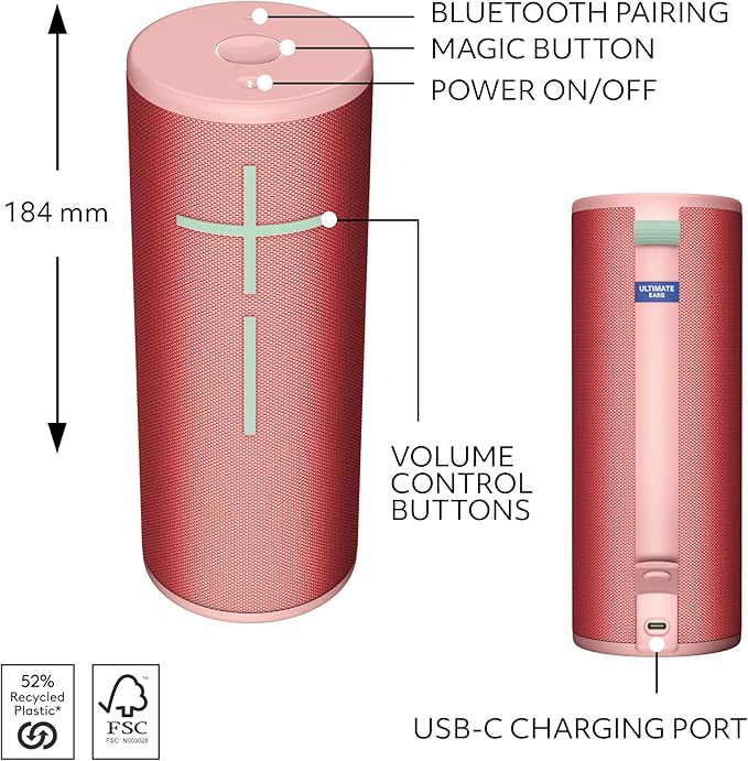 Ultimate Ears Boom 4 Portable Waterproof Bluetooth Speaker with 360-Degree, Bold, Immersive, Crystal-Clear Sound, Floating Speaker with 15-Hour Battery and 147ft (45m) Range - Red