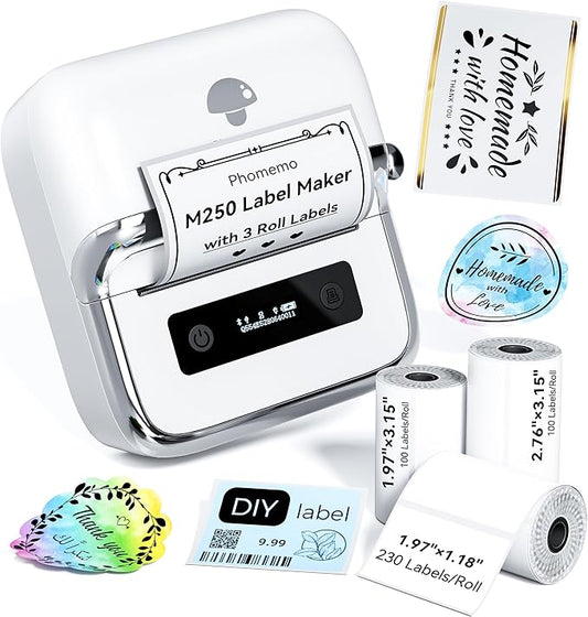 Phomemo M250 Label Maker Machine with 3 Roll Labels, 3 Inch Bluetooth Thermal Label Printer, Upgrade Portable Barcode & Address Label Maker for Business, Home, School, Logo Label