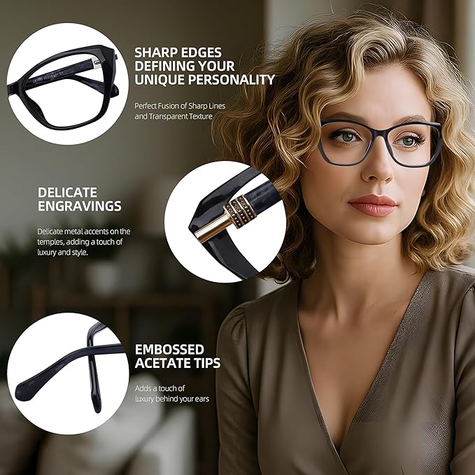 DOERAYM Blue Light Glasses for Woman with Square Decoration,Reading Glasses for office & computer games