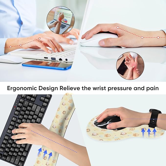Wrist Rest Support for Mouse Pad Keyboard Set Circle Coaster Gaming Mouse Pad Ergonomic Gel Memory Foam Set for Computer, Laptop, Office, Pain Relief, Comfortably Typing Cat KM-35