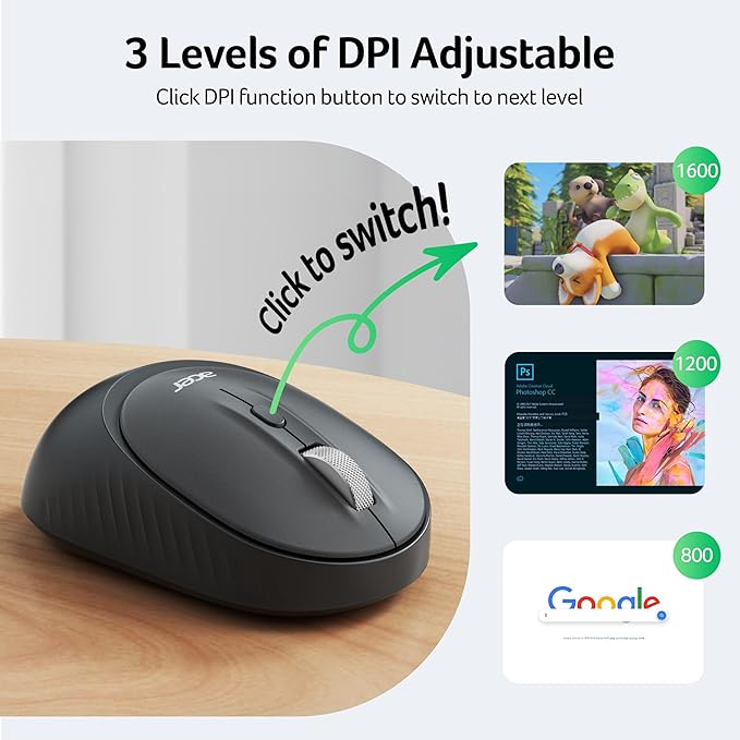 acer Bluetooth Wireless Mouse for Laptop, Computer Mouse Wireless (BT5.2+2.4GHz), Small to Medium Size, Left & Right Handed Office USB Mice with USBA Receiver, 4 Buttons, Compatible with PC, Desktop