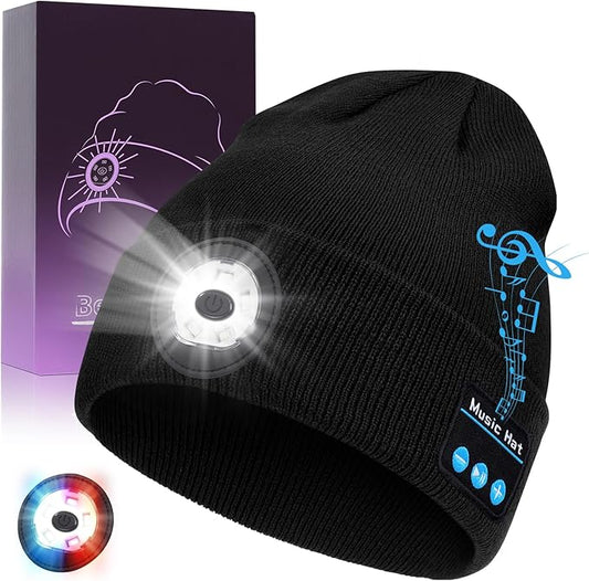 Bluetooth Beanie with Light, USB-C Charging 5 LED Flashlight Hat, Built-in Stereo Speakers Mic, Christmas Stocking Stuffers White Elephant Gifts for Men Dad Teens Boys for Camping Fishing