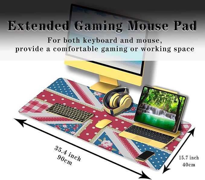 Union Jack Gaming XXL Mouse Pads British Flag Mouse Pad Shabby Chic Floral Style Mousepads Non-Slip Rubber Base Waterproof with Stitched Edges, 35.4" X 15.7" for Work/Game/Office/Home