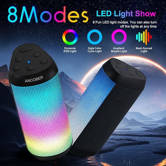Portable Wireless Bluetooth Speaker with HD Powerful Stereo Sound, 8 Cool LED Light Modes, IPX4 Waterproof, 30H Playtime, TWS Pairing, BT5.3 with AUX-in, for Outdoor/Home/Party, Ideal Gift