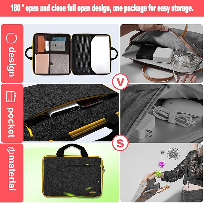 Hseok Laptop Case 13.3-14 inch Sleeve, TSA Computer Handbag Water-Resistant and Shockproof Bag Compatible with MacBook Pro/Neo 14", Mac Air/Pro 13.3" and 13"-14" Notebooks Chromebooks,Black-Yellow