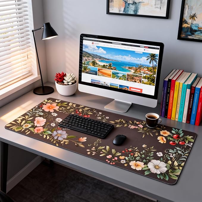 Cute Floral Aesthetic Wildflower Gaming Mouse Pad, Dark Charcoal Cottagecore Desk Mat with Anti-Slip Base & Stitched Edges, Computer Keyboard & Laptop Pad, 35.4" x 15.7" in in Workstation Accessories