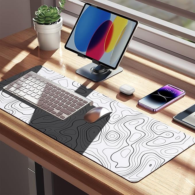 White Mouse Pad, 31.5" x 11.8" White Desk Mat Topographic Mouse Pad for Desktop, Large Gaming Mousepad with Stitched Edges, XL Long Mousepad Big with Rubber Base for Office Gaming Home